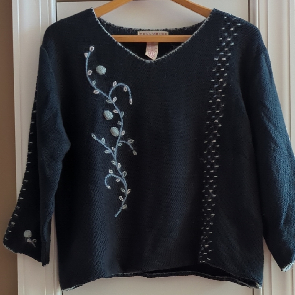 Black V-Neck Sweater with Floral Embellishments